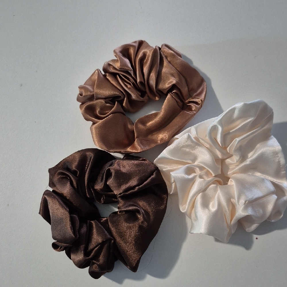 Elegant Satin Scrunchie Set 3- Brown, Cream, Tan